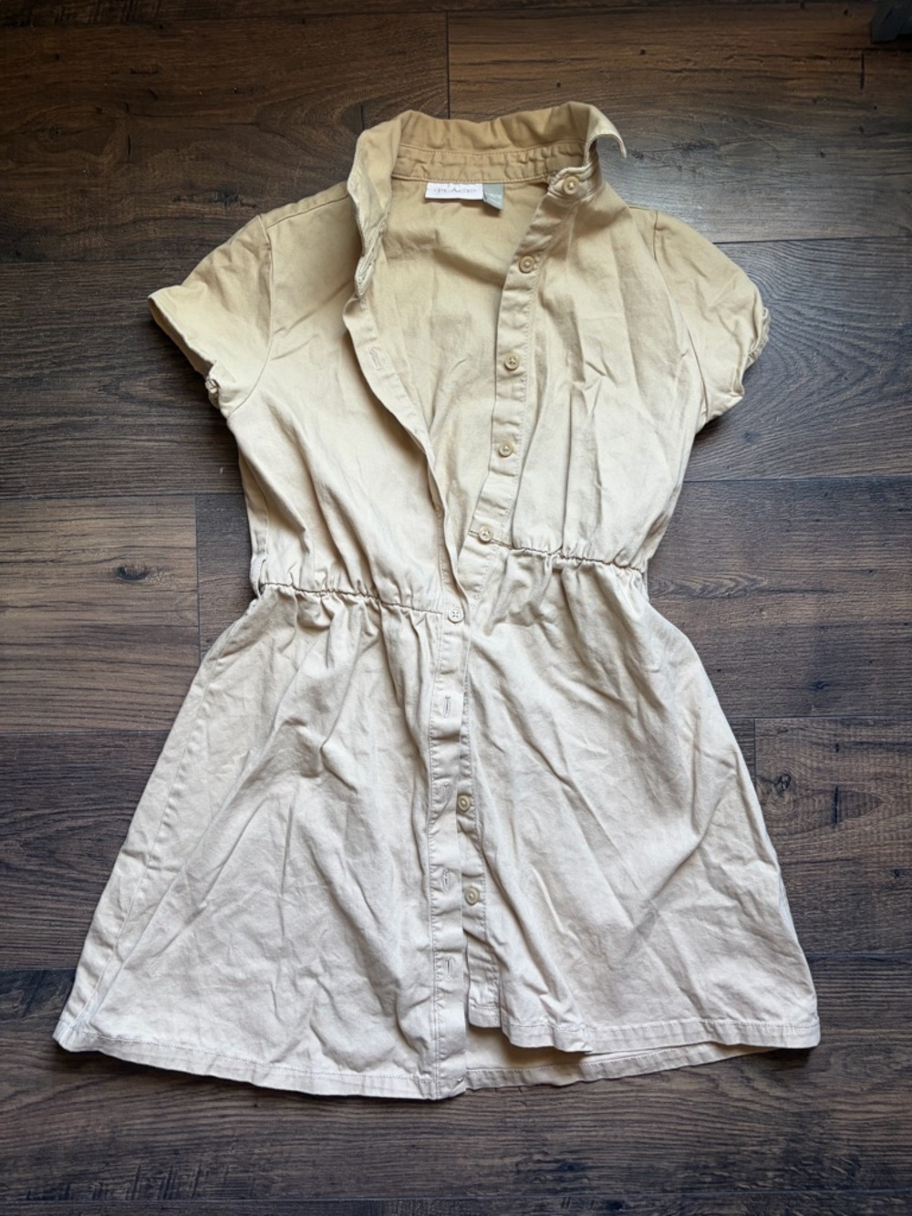 Place Short-Sleeve Button-Front Mini Dress in Beige